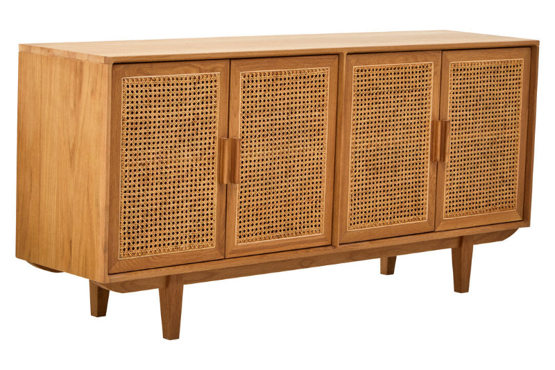 Wooden sideboard with wicker doors on a white background