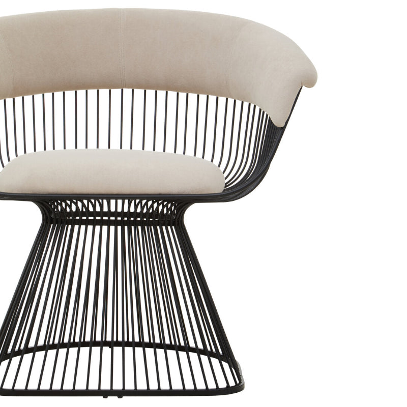 Modern chair with black wire frame and beige cushion on a white background