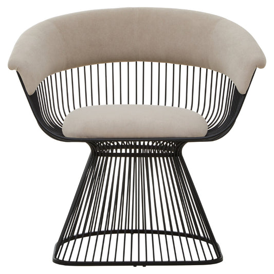 Modern chair with black wire frame and beige cushion on a white background