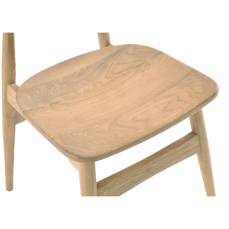 A close-up of a light natural wood chair seat and part of the wooden frame against a plain white background.