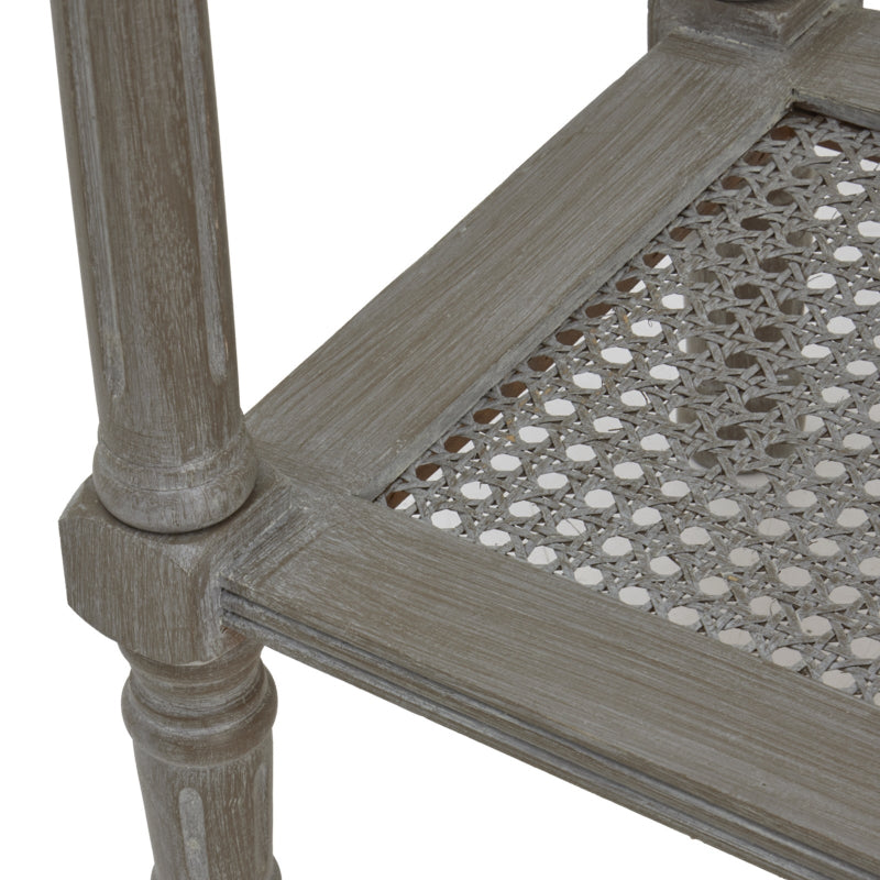 Wooden side table with lattice design on a white background