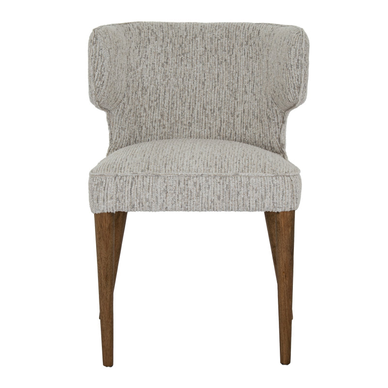 Gray upholstered chair with wooden legs on a white background