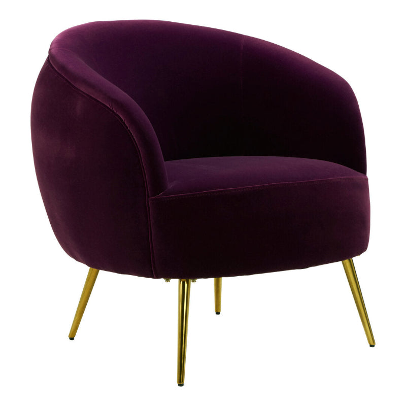Purple velvet armchair with gold legs on a white background