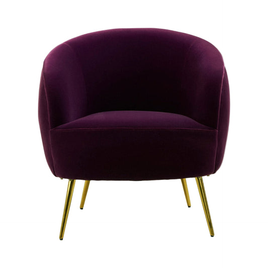 Purple velvet armchair with gold legs on a white background