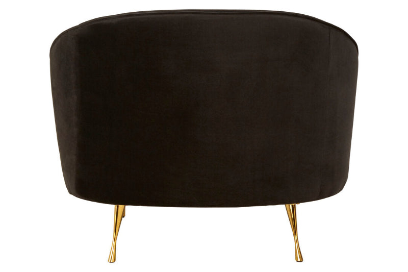 Black upholstered chair with gold legs on a white background