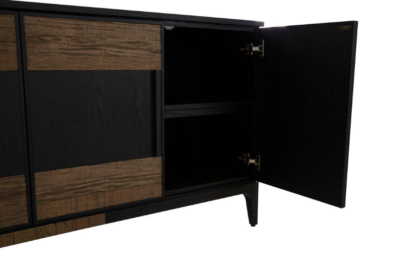 Black and wood-patterned sideboard with open doors on a white background