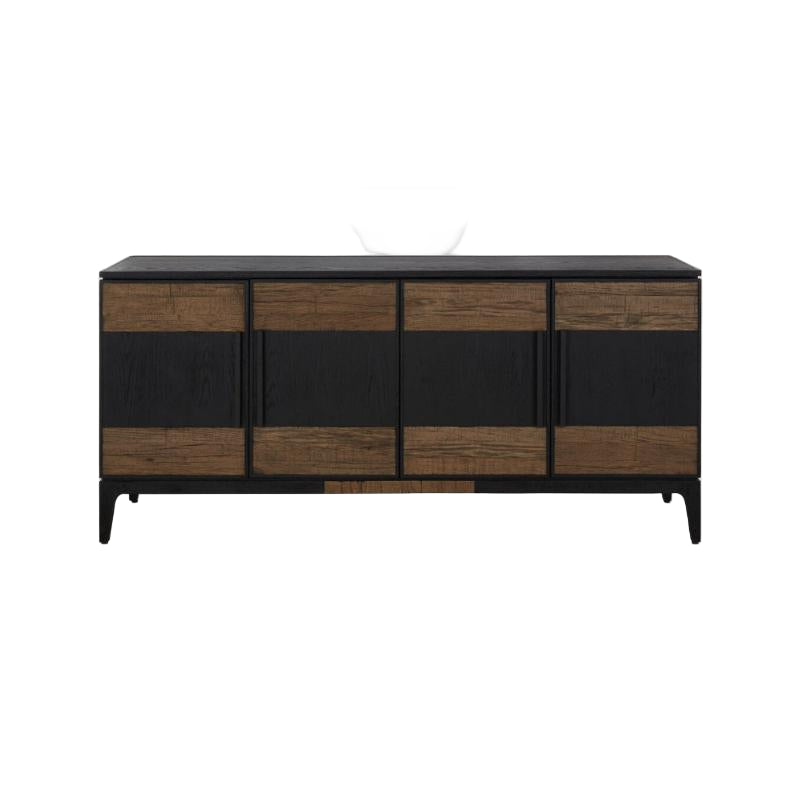 Wooden sideboard with black accents on a white background