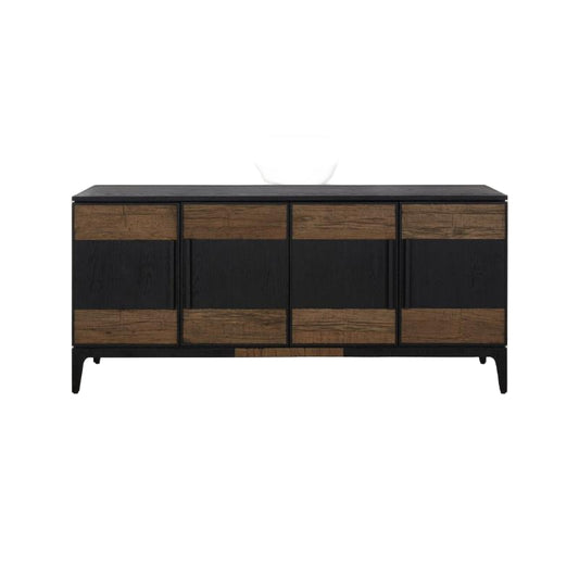 Wooden sideboard with black accents on a white background