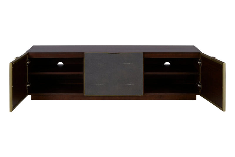 Wooden entertainment console with open doors on a white background