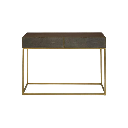 Console table with metallic gold frame and dark brown top on a white background