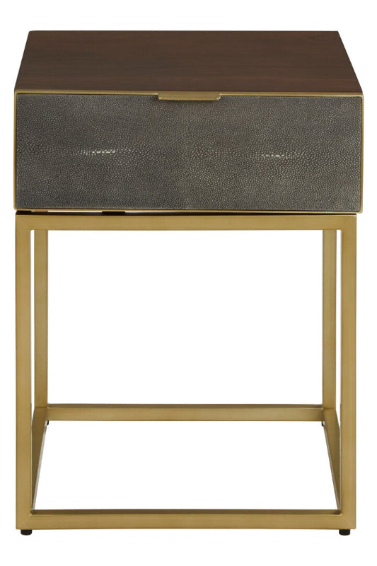 Side table with dark brown top and gray textured drawer on a gold metal frame.