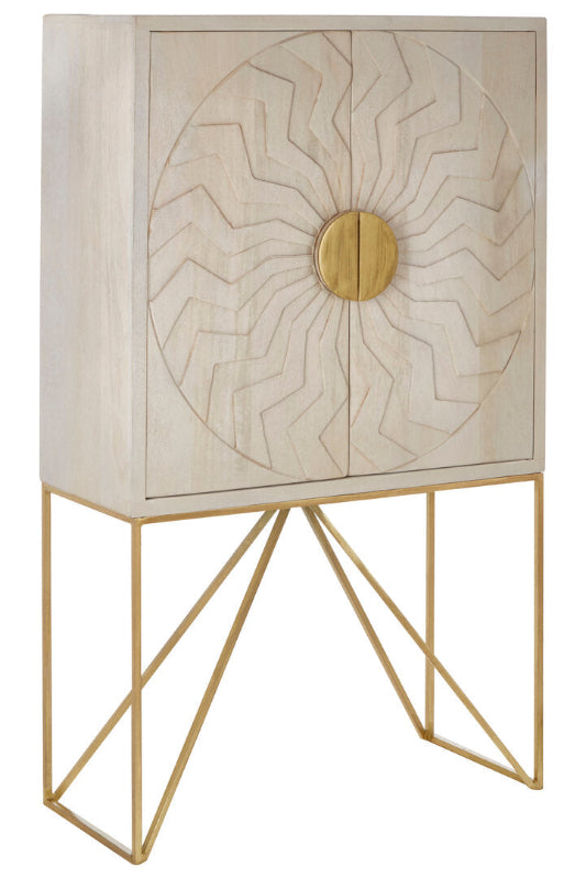 Decorative cabinet with geometric design and gold legs on a white background