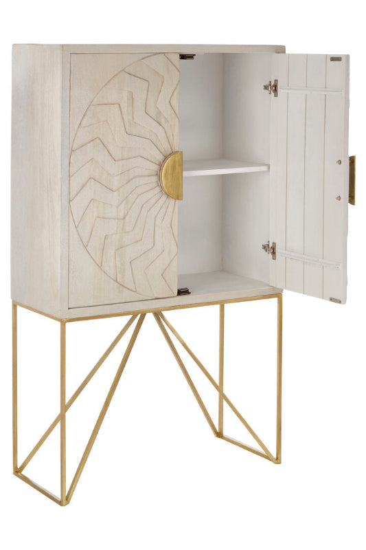 Decorative cabinet with open doors featuring geometric patterns and gold accents on a white background