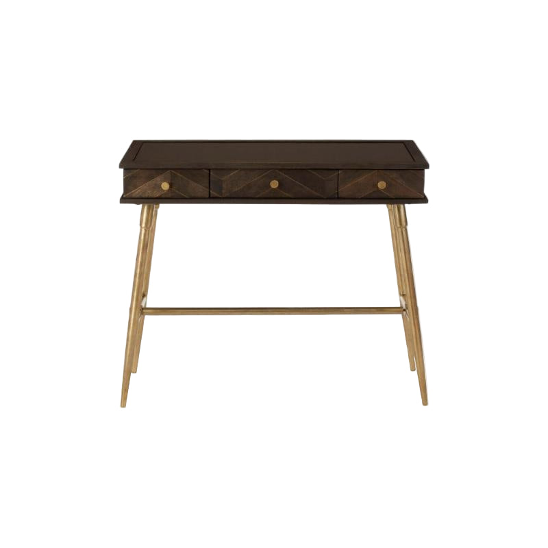 Wooden desk with a chevron pattern on the front panel against a white background