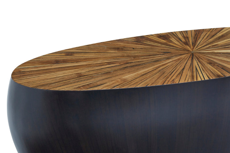 Wooden table with a starburst pattern on a white background