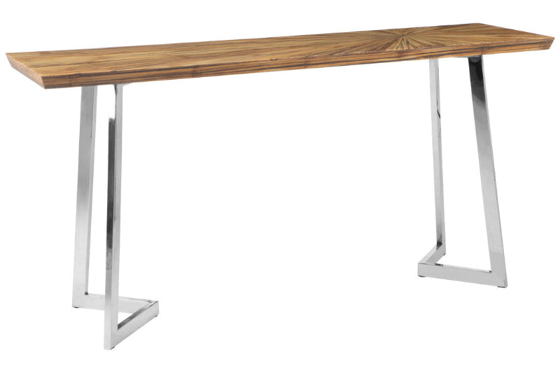 Wooden table with metal legs on a white background