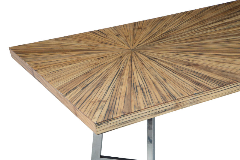Wooden table with a starburst pattern on a white background