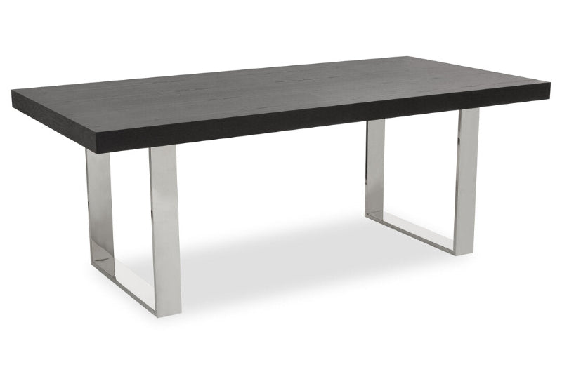 Rectangular table with dark surface and silver metal legs on a white background