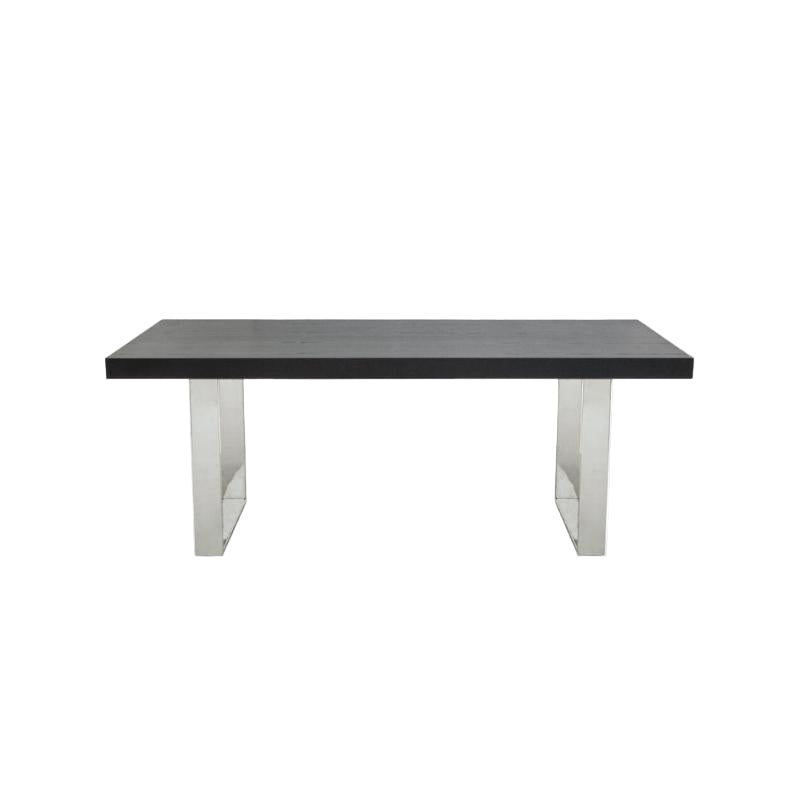 Black rectangular table with silver legs on a white background