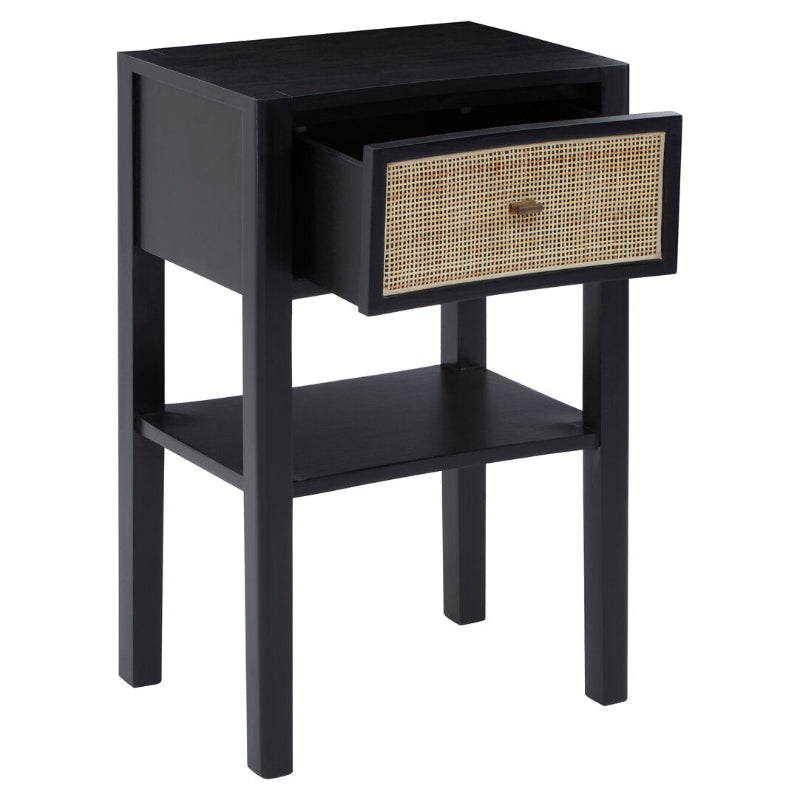 Ardela & Co Celso Black Bedside Table with Rattan Drawer