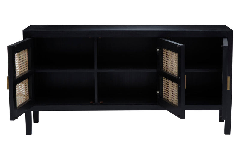 Black sideboard with open doors on a white background