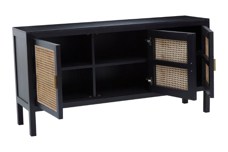 Black cabinet with wicker doors on a white background