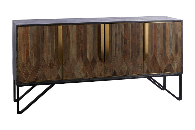 Wooden sideboard with geometric pattern and black metal legs on a white background