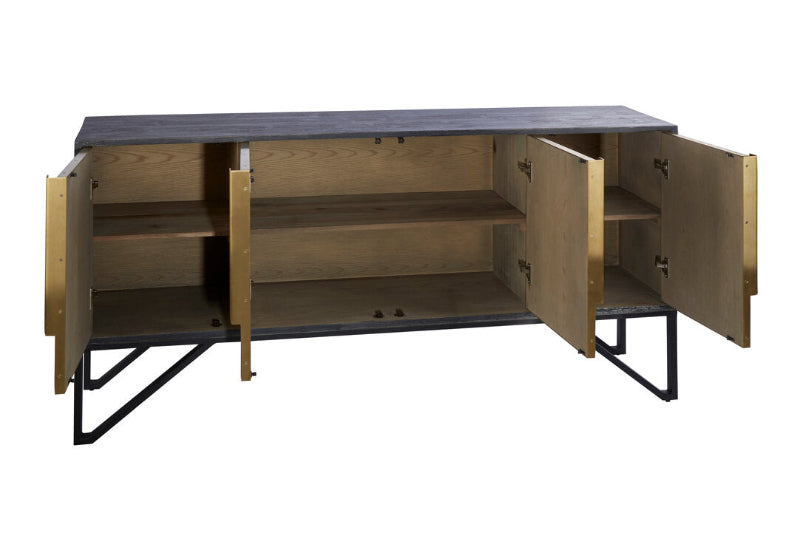 Wooden sideboard with open doors on a white background