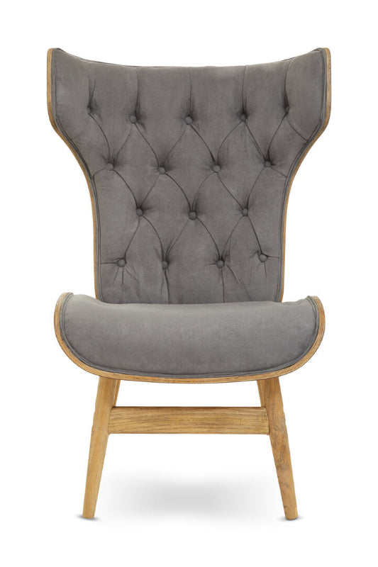 Gray upholstered chair with wooden armrests on a white background
