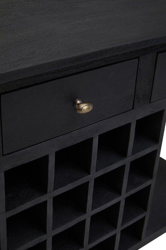 Black wine rack with a drawer and brass handle on a white background