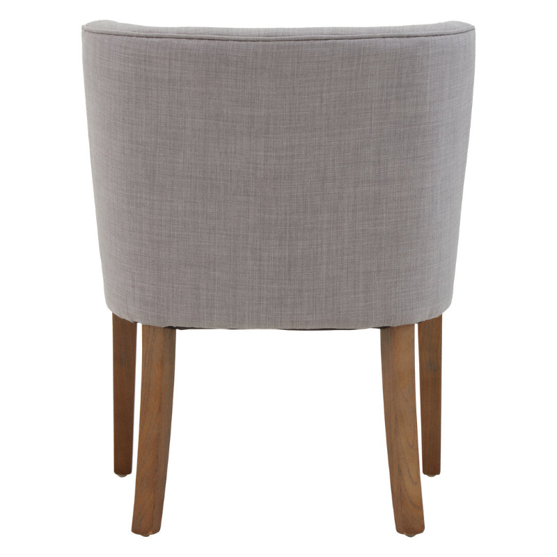Gray upholstered chair with wooden legs on a white background