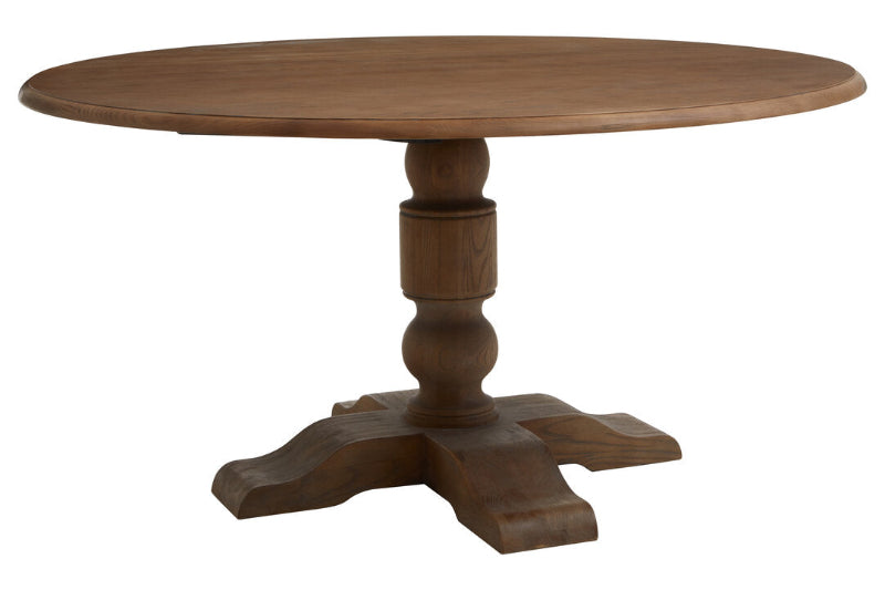 Wooden round table with a pedestal base on a white background