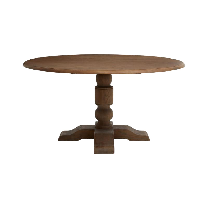 Wooden round table with a pedestal base on a white background