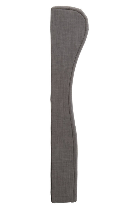 Side view of grey fabric headboard on a white background