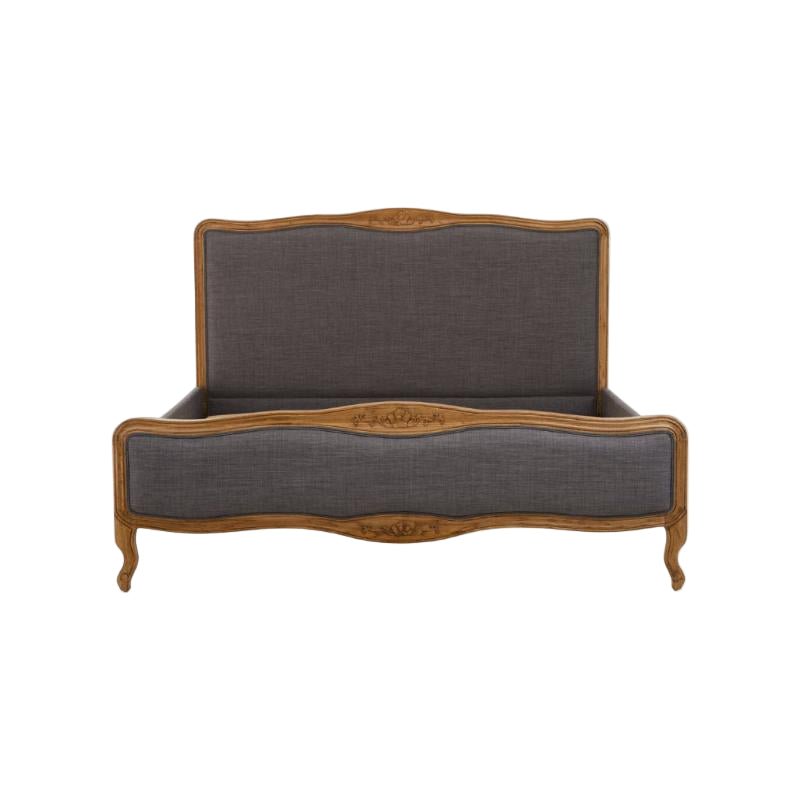 Vintage-style bed with wooden frame and grey upholstered headboard on a white background