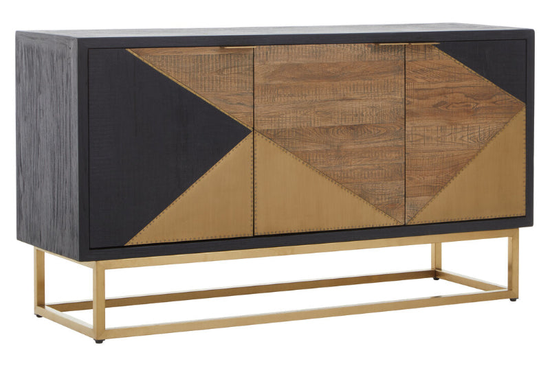 Modern sideboard with geometric design and gold accents on a white background