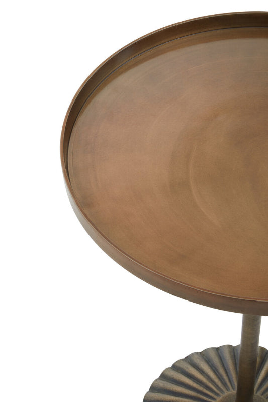 Round wooden side table with a metal base on a white background