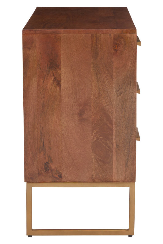 Wooden side table with a gold metal base on a white background
