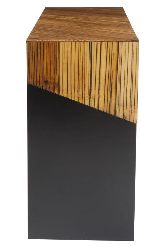 Wooden and black rectangular side table on a white background