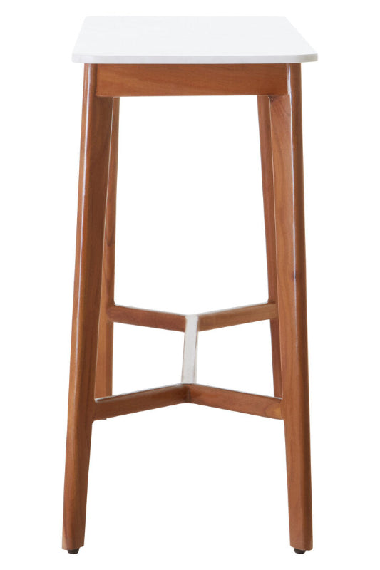 Wooden console table with a white seat on a white background