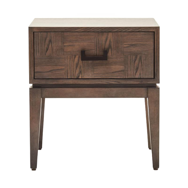 Wooden side table with a single drawer on a white background