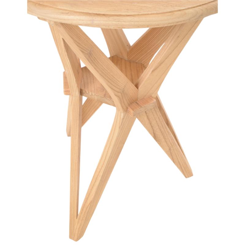 A light natural wood folding side table or stool with a round top and four splayed legs connected by crisscrossing support beams, shown on a plain white background.