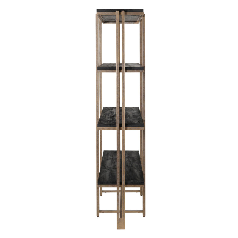 Tall metal shelf with black leather-like accents on a white background