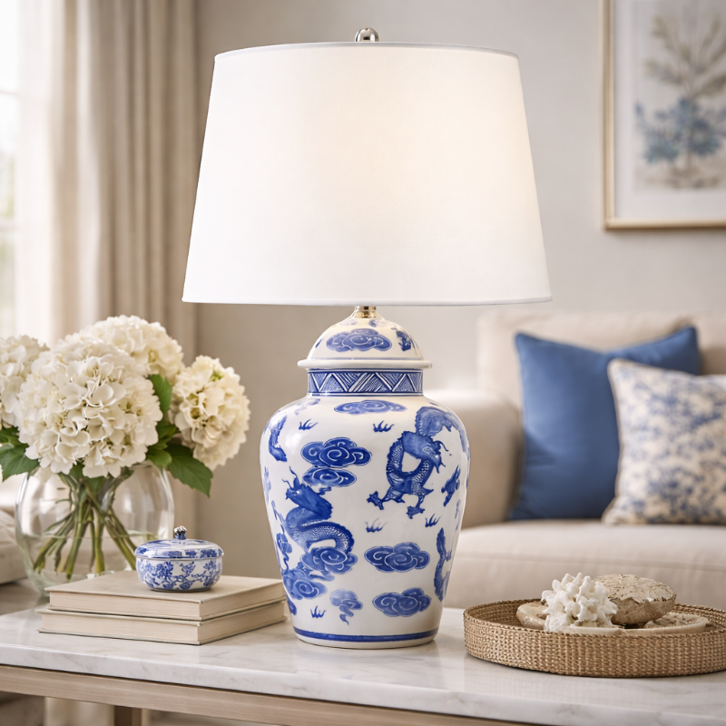 Decorative blue and white table lamp and flowers in a living room setting.