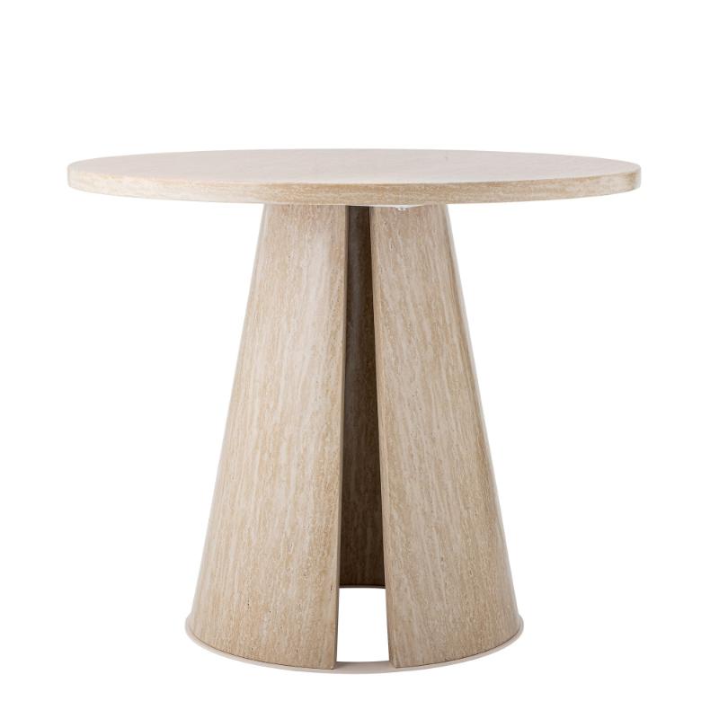 Round table with a light wood base and white marble top on a white background