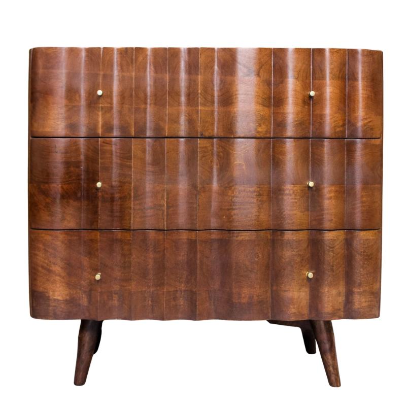 Mid-century modern wooden chest of drawers with a fluted front, three drawers, and small brass knobs, shown on a white background.
