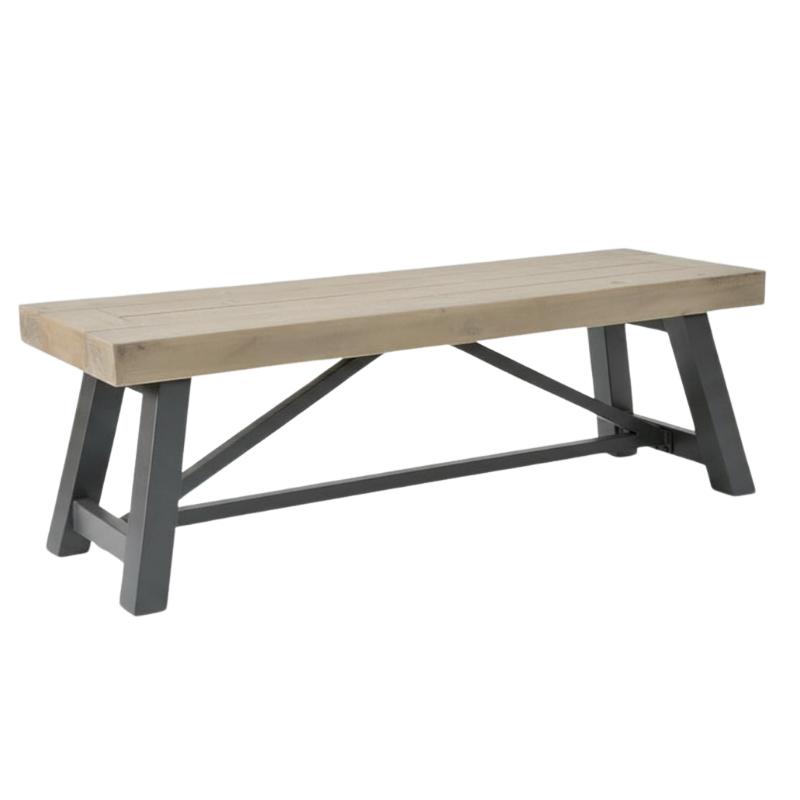 A rustic outdoor bench with a light beige wood plank seat and a dark gray metal A-frame base, shown on a plain white background.