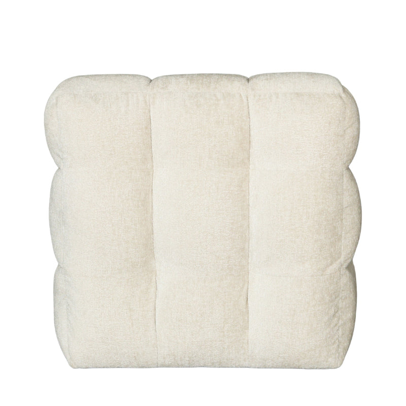 A square, tufted floor cushion in a warm cream or off-white bouclé fabric, shown from a direct front view against a solid white background.