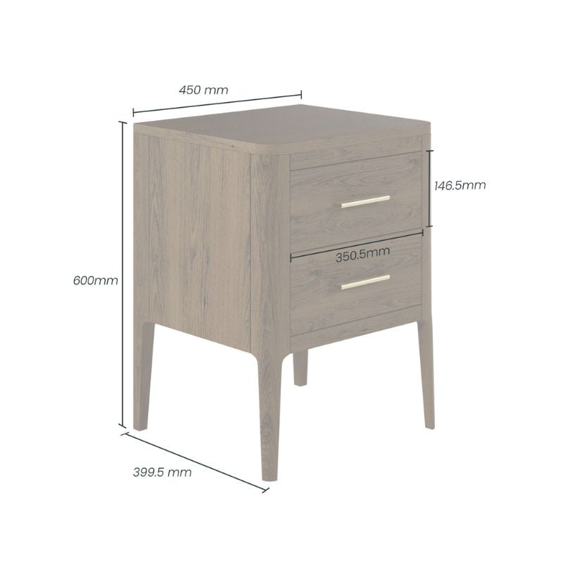 DI Designs Abberley Bedside - Brown - 2 Drawers - Dimensions