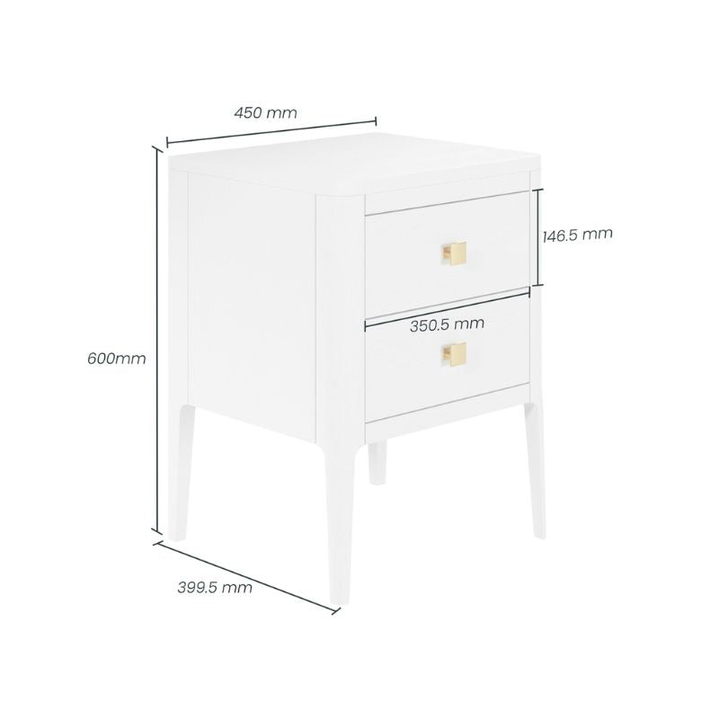 DI Designs Abberley Bedside - White - 2 Drawers - Dimensions